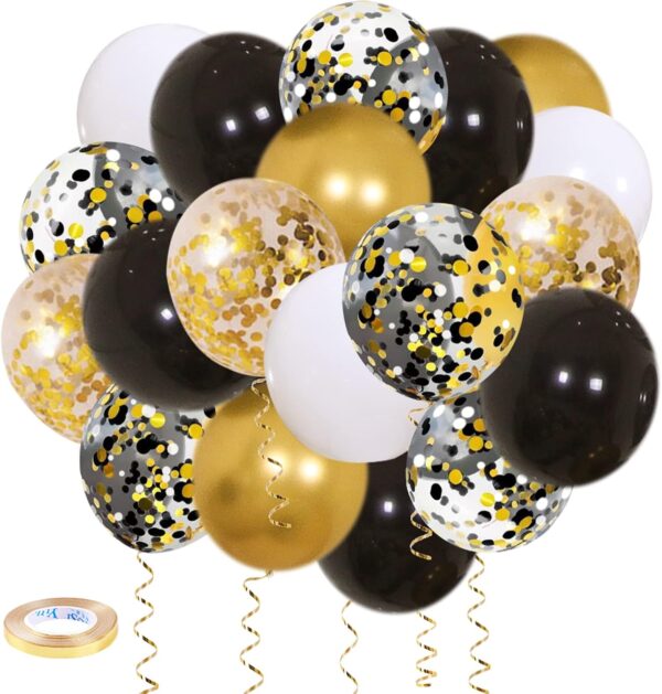 Black Gold Confetti Balloons 50 pack - 12 Inch Gold White and Black Confetti Balloons with Ribbons for Graduation Birthday
