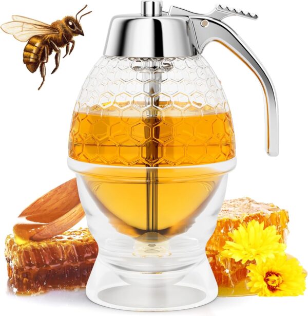 Honey Dispenser No Drip Glass, Maple Syrup Dispenser, Honey Jar with Stand, 8 oz Beautiful Honey