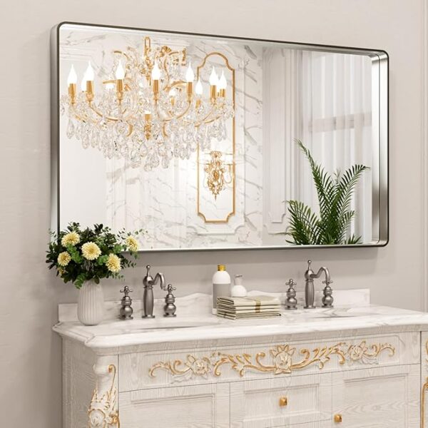 Brushed Nickel Bathroom Mirror, Rounded Rectangle Silver Metal Frame Mirror