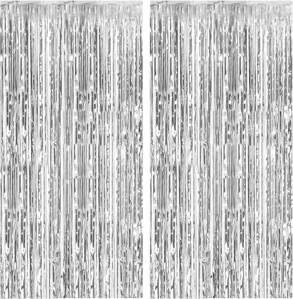 2 Pack Foil Curtain Backdrop Silver Metallic Tinsel Foil Fringe Curtains Photo Booth Props for Birthday Wedding Engagement Baby Shower