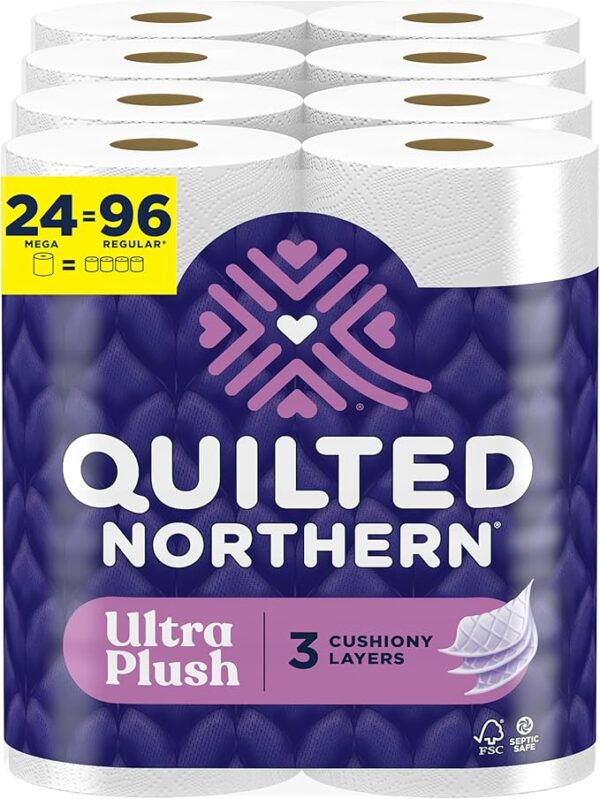 Ultra Plush Toilet Paper, 24 Mega Rolls = 96 Regular Rolls, 3X Thicker*, 3 Ply Soft Toilet Tissue