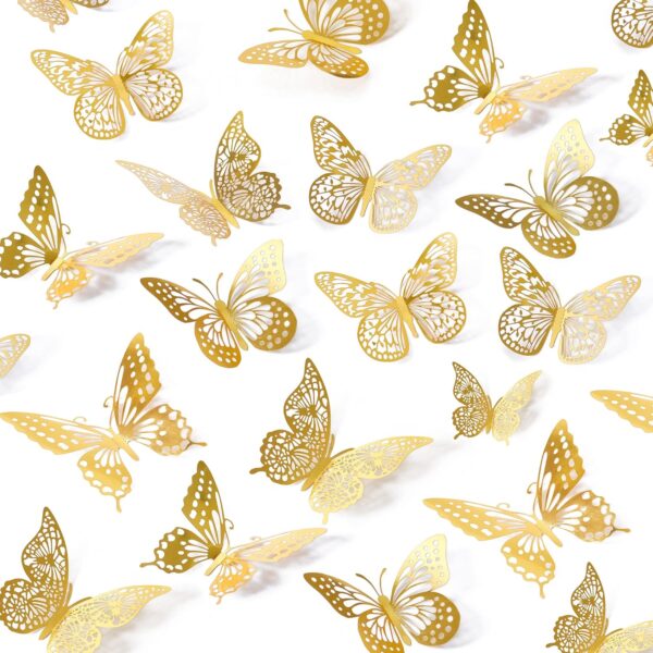 Butterfly Wall Decor - 48 Pcs, 4 Styles, 3 Sizes, Gold Butterfly