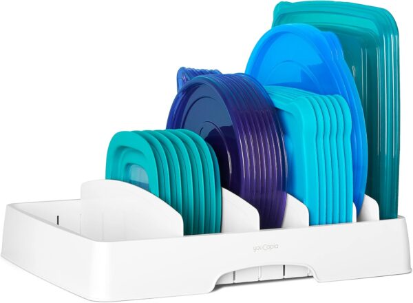 StoraLid Adjustable Food Container Lid Organizer for Kitchen Cabinet