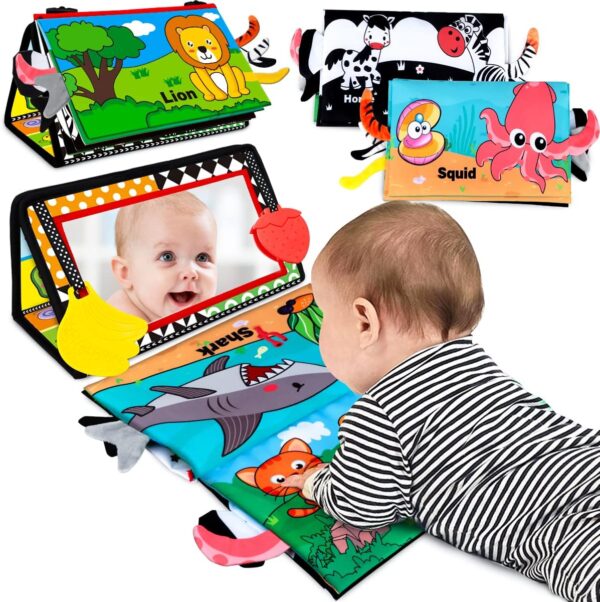 Baby Toys 0-6 Months - Tummy Time Mirror Toys with Cloth Books