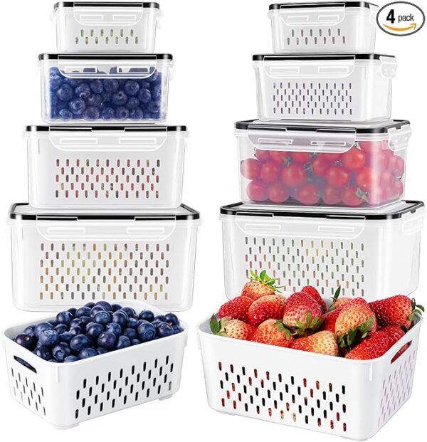 Fruit Storage Containers for Fridge with Removable Colander, Airtight Food