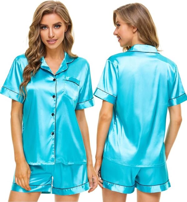 Womens Silk Satin Pajamas Set Short Sleeve Sleepwear Button Down