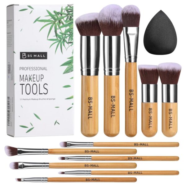 Makeup Brush Set 11Pcs Bamboo Synthetic Kabuki Brush Set Foundation